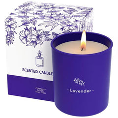 TranquilBliss lavender candle in a purple jar for a calming home scent
