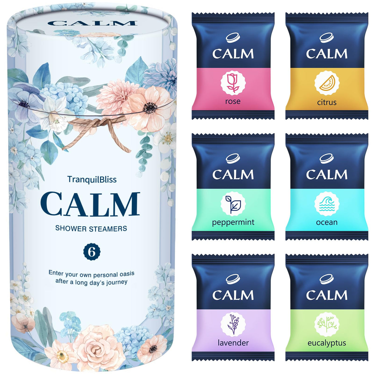 TranquilBliss six-pack shower steamers box offering a spa-like shower moment