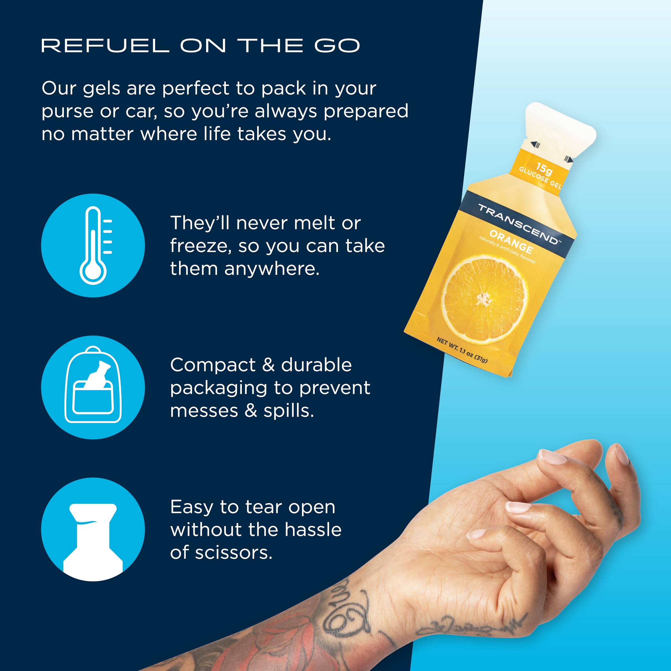 Transcend gels in hand, easy on-the-go energy.