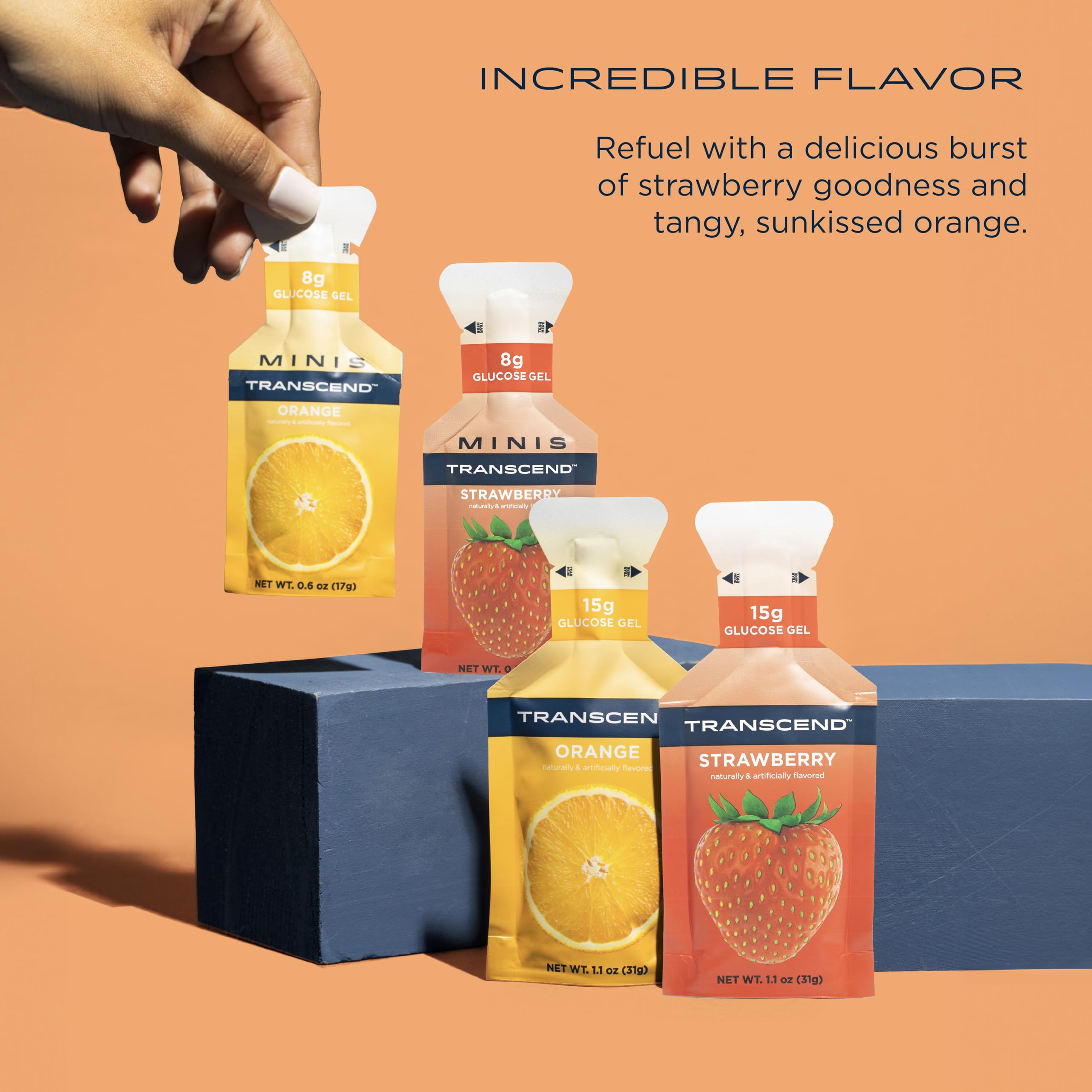 Transcend strawberry gel close-up, flavorful quick workout boost.