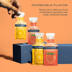 Transcend strawberry gel close-up, flavorful quick workout boost.