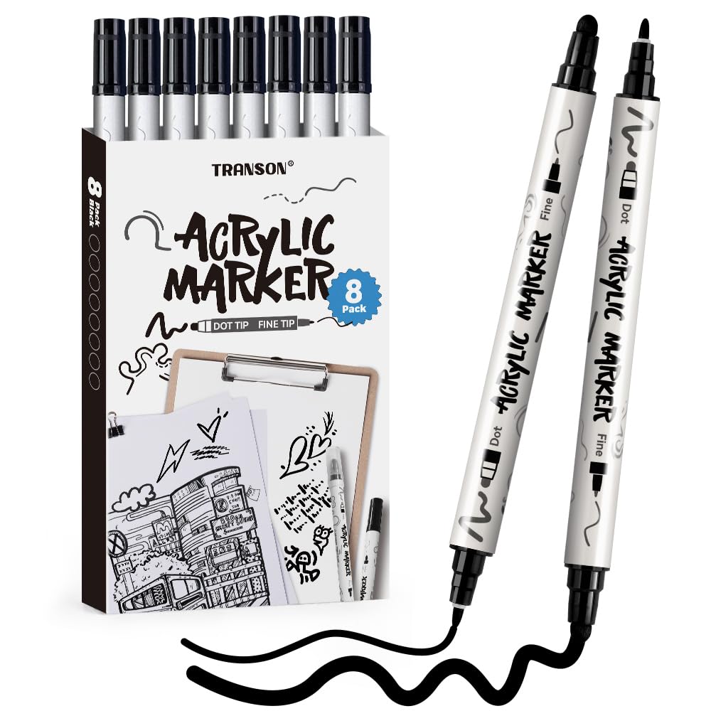 TRANSON 8-pack dual-tip markers for precise lines on glass and canvas.