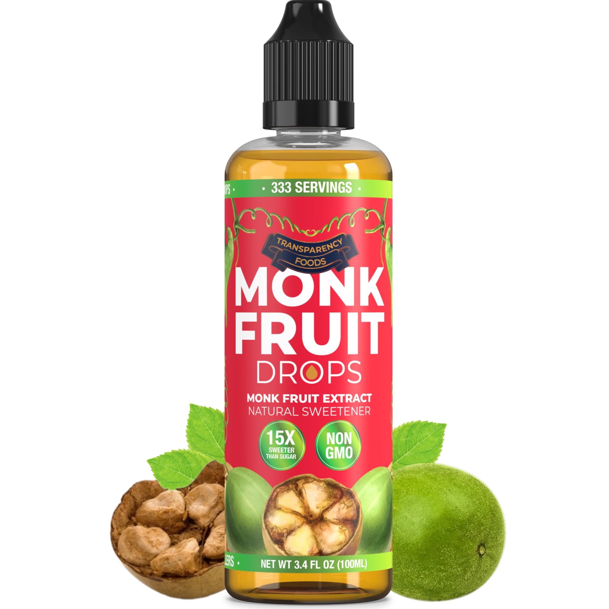 Transparency Foods Monk Fruit Drops bottle on counter boosts sugar-free sweetness