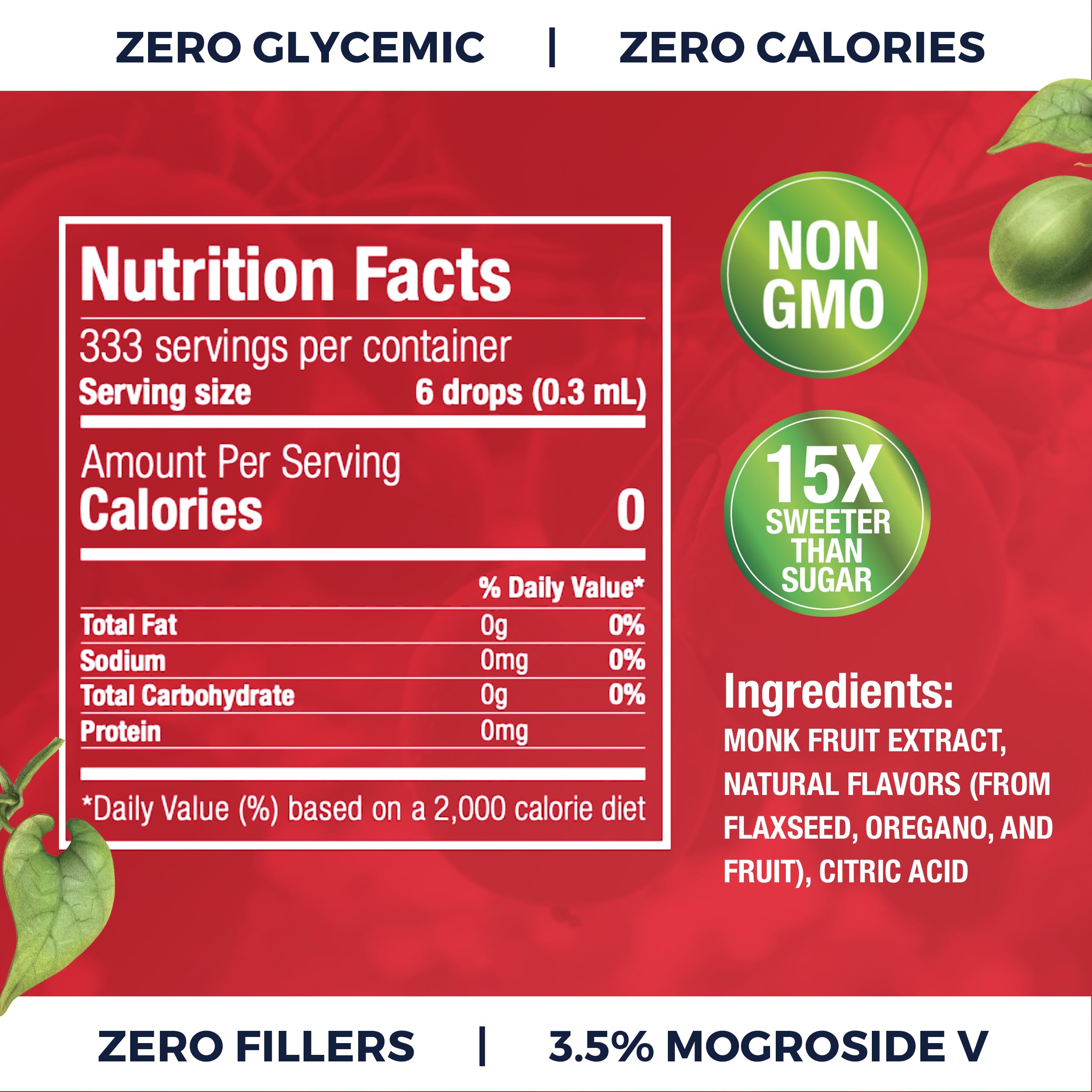 Close-up of monk fruit drops emphasizing zero calorie sweetness for beverages