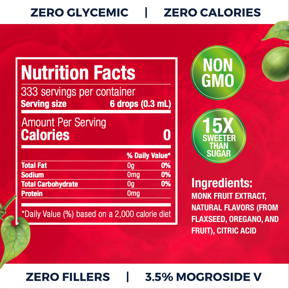 Close-up of monk fruit drops emphasizing zero calorie sweetness for beverages