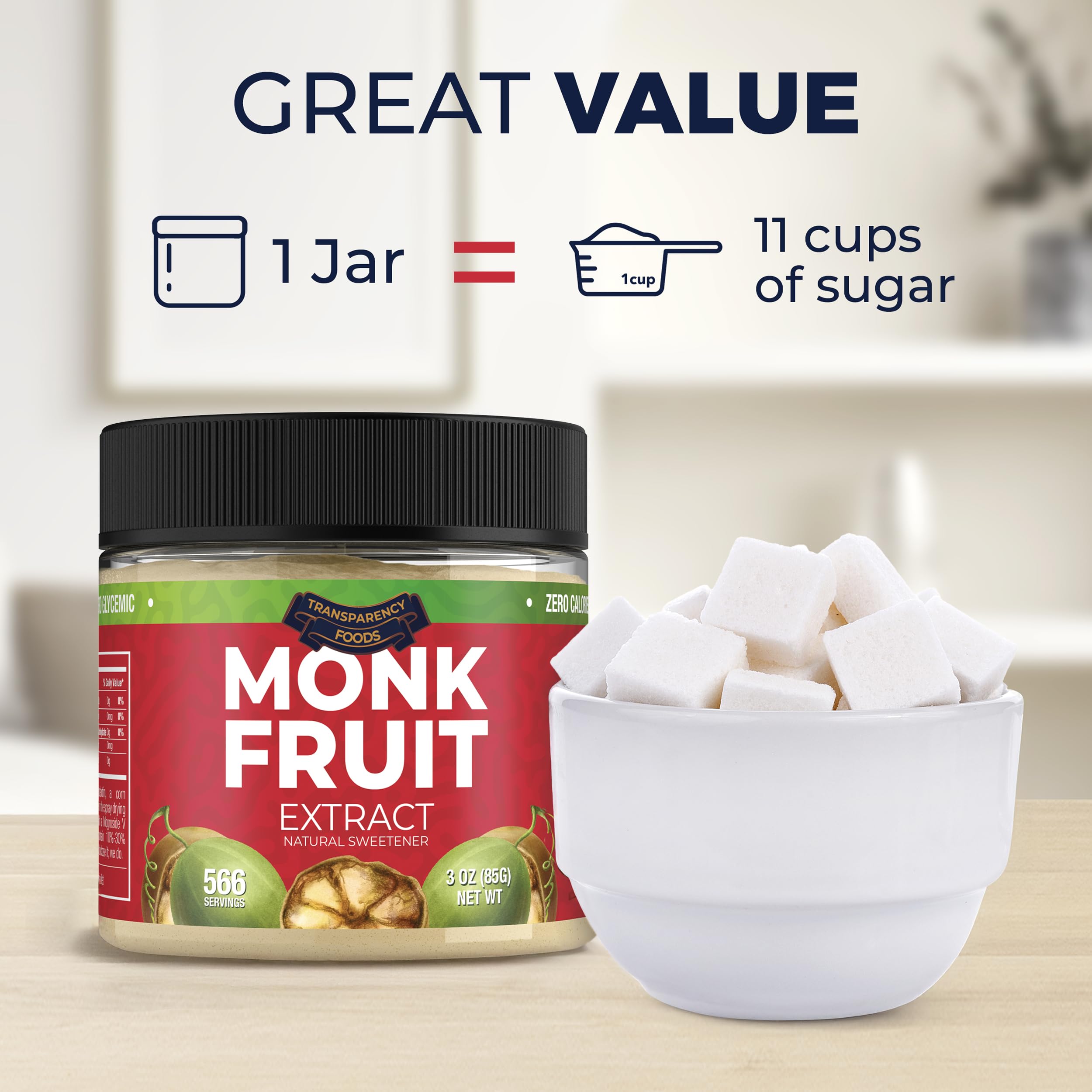 Transparency Foods Monk Fruit Sweetener close-up shows 566 servings per bottle.