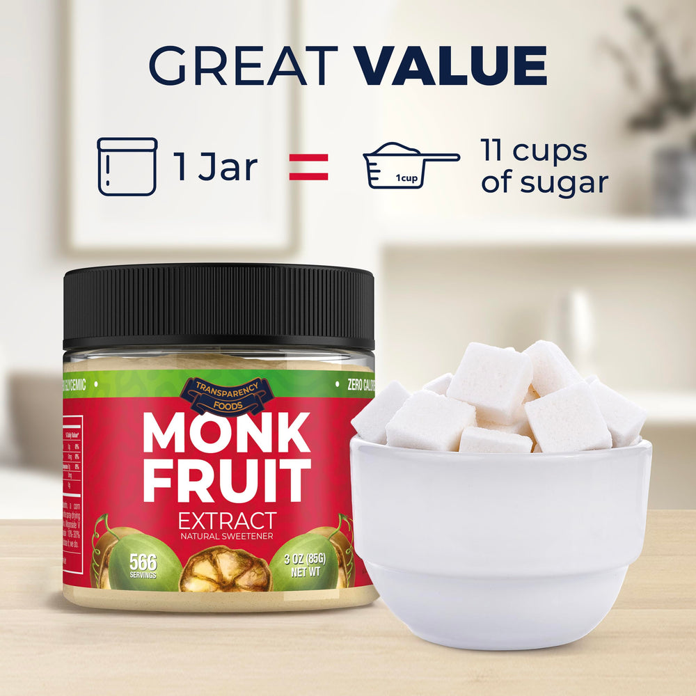 Transparency Foods Monk Fruit Sweetener close-up shows 566 servings per bottle.