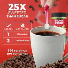 Transparency Foods Monk Fruit Sweetener enhances coffee with natural sweetness.