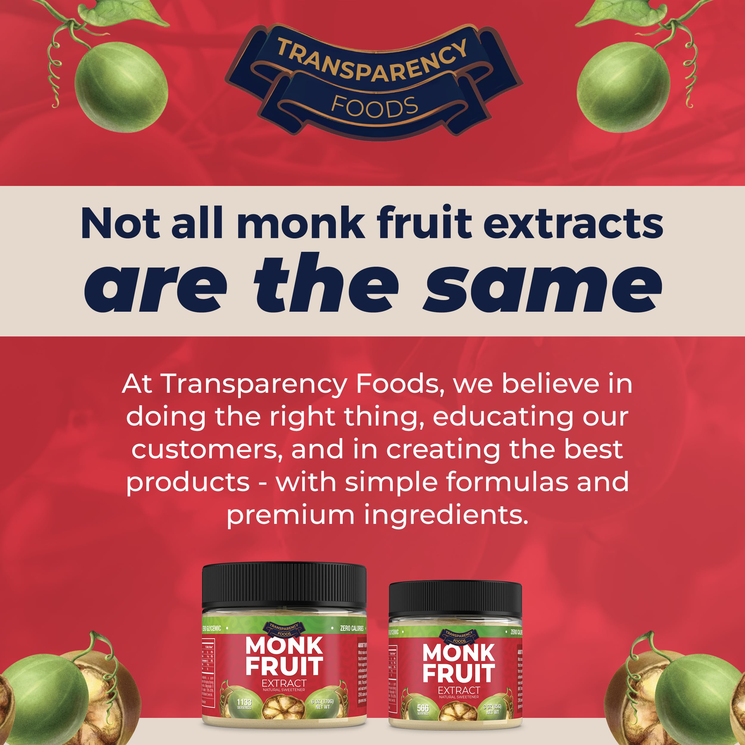 Transparency Foods Monk Fruit Sweetener packaging highlights GMP safety and quality.
