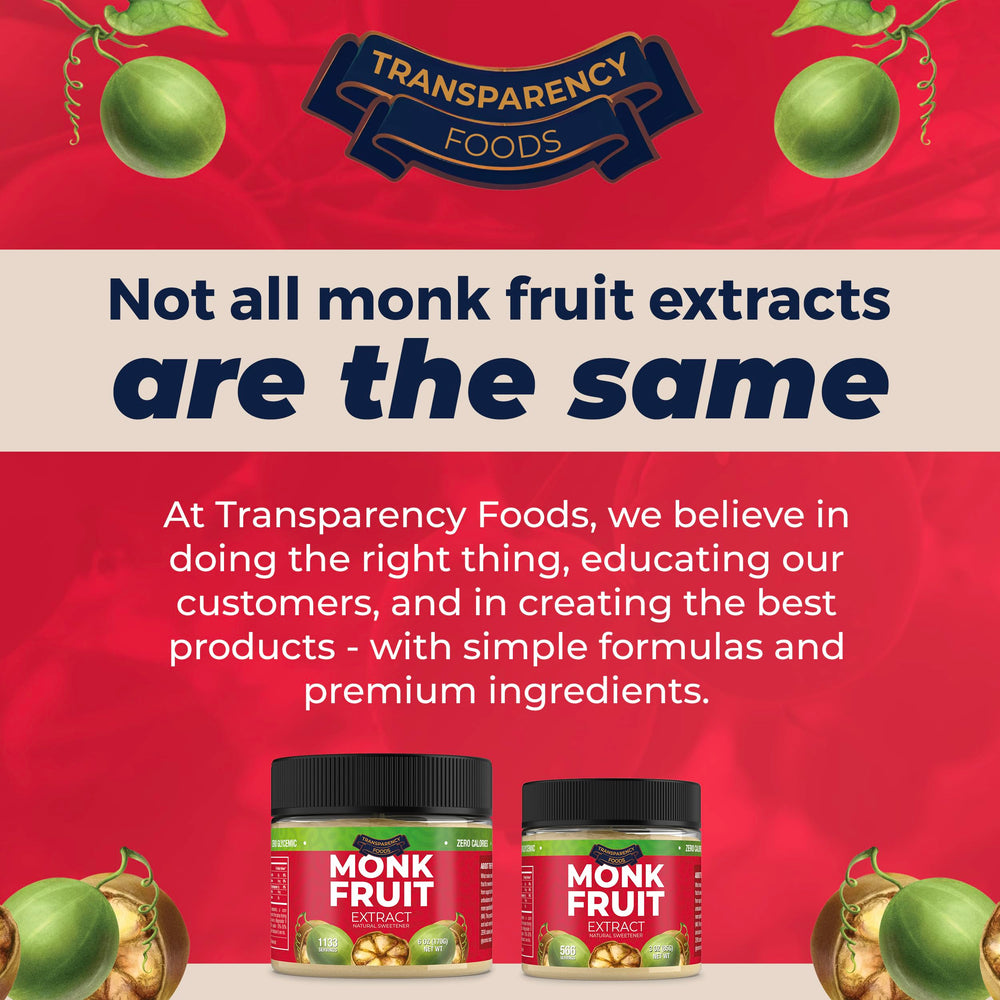 Transparency Foods Monk Fruit Sweetener packaging highlights GMP safety and quality.