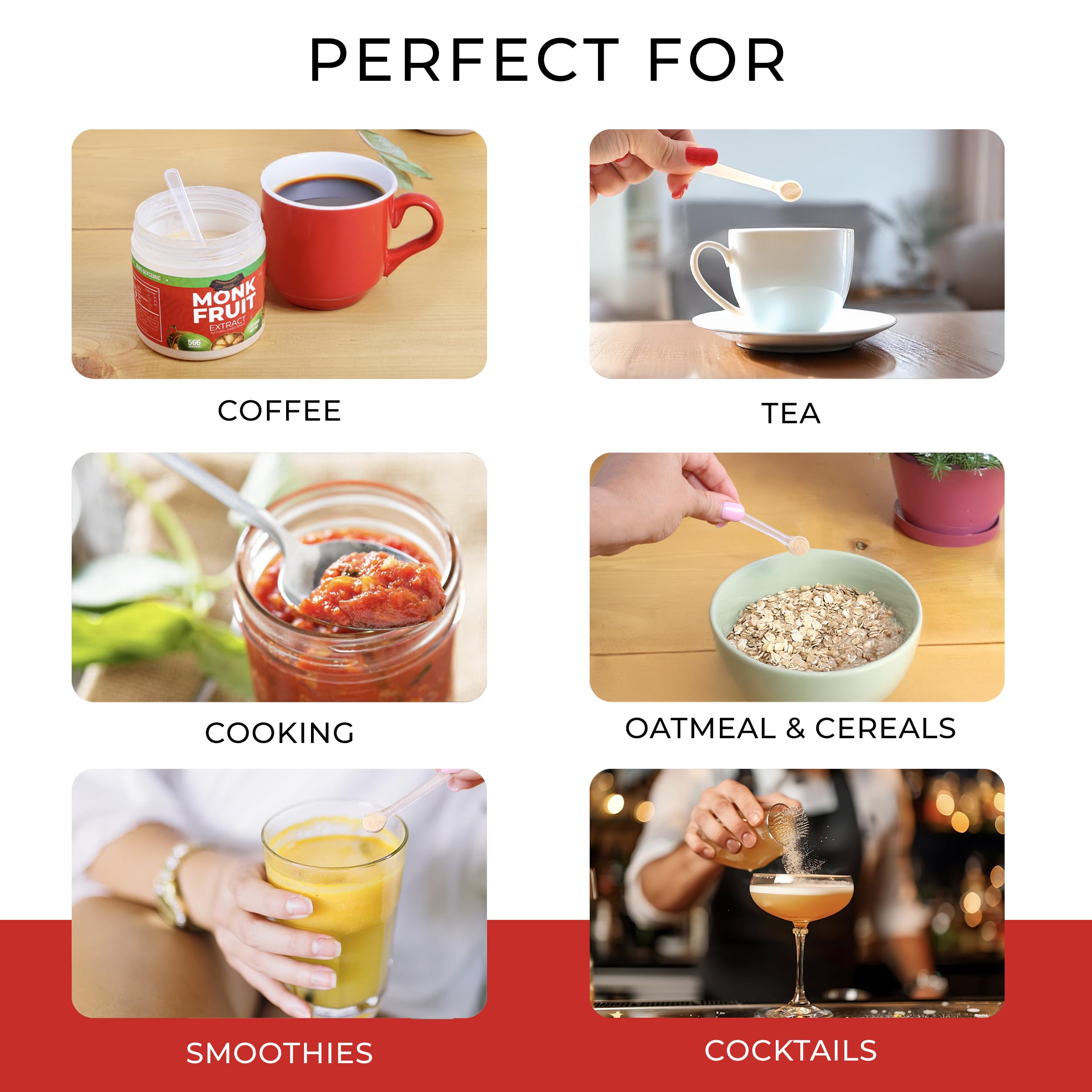 Transparency Foods Monk Fruit Sweetener in tea emphasizes zero glycemic impact.