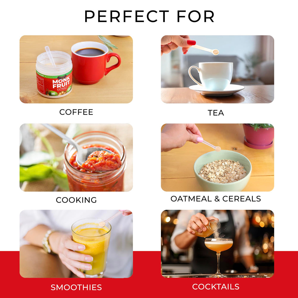 Transparency Foods Monk Fruit Sweetener in tea emphasizes zero glycemic impact.