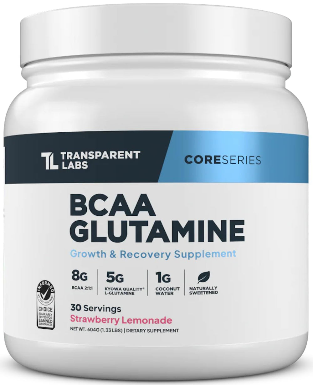 Transparent Labs BCAA Glutamine bottle pour showing convenient post-workout use