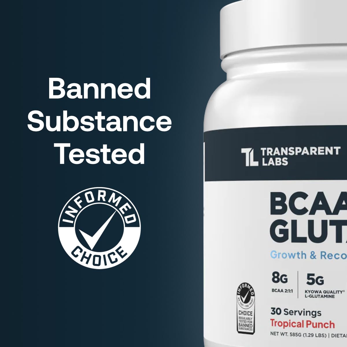 Transparent Labs BCAA Glutamine scoop displaying 8000 mg BCAAs per serving