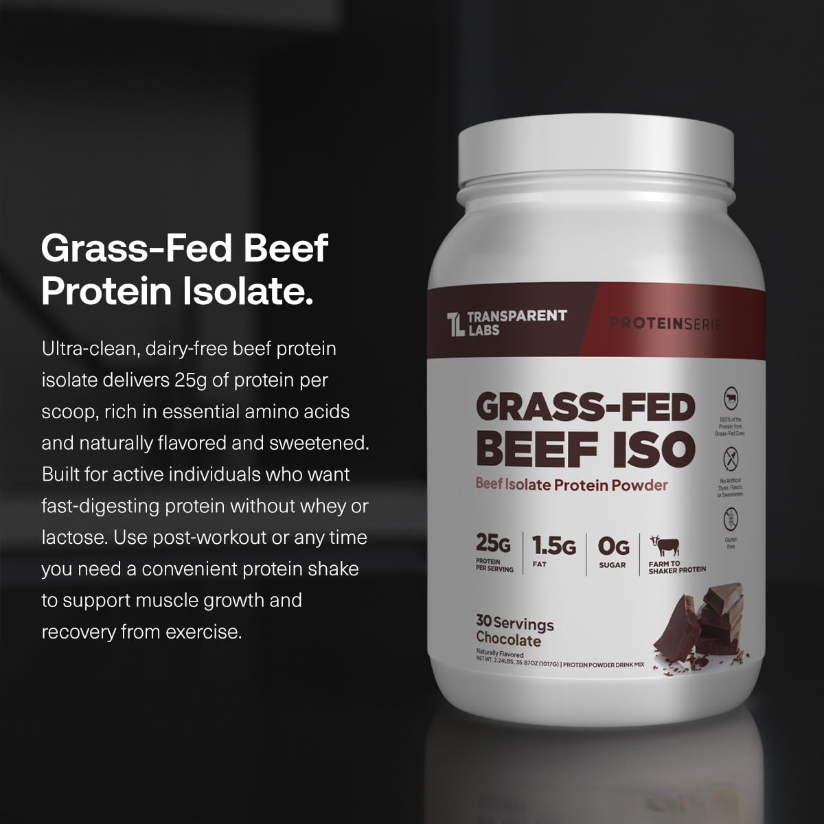 Transparent Labs beef protein nutrition label highlights dairy-free macros for clean, easy digestion.