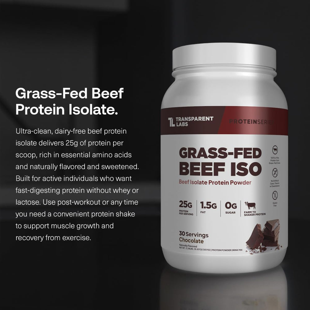Transparent Labs beef protein nutrition label highlights dairy-free macros for clean, easy digestion.