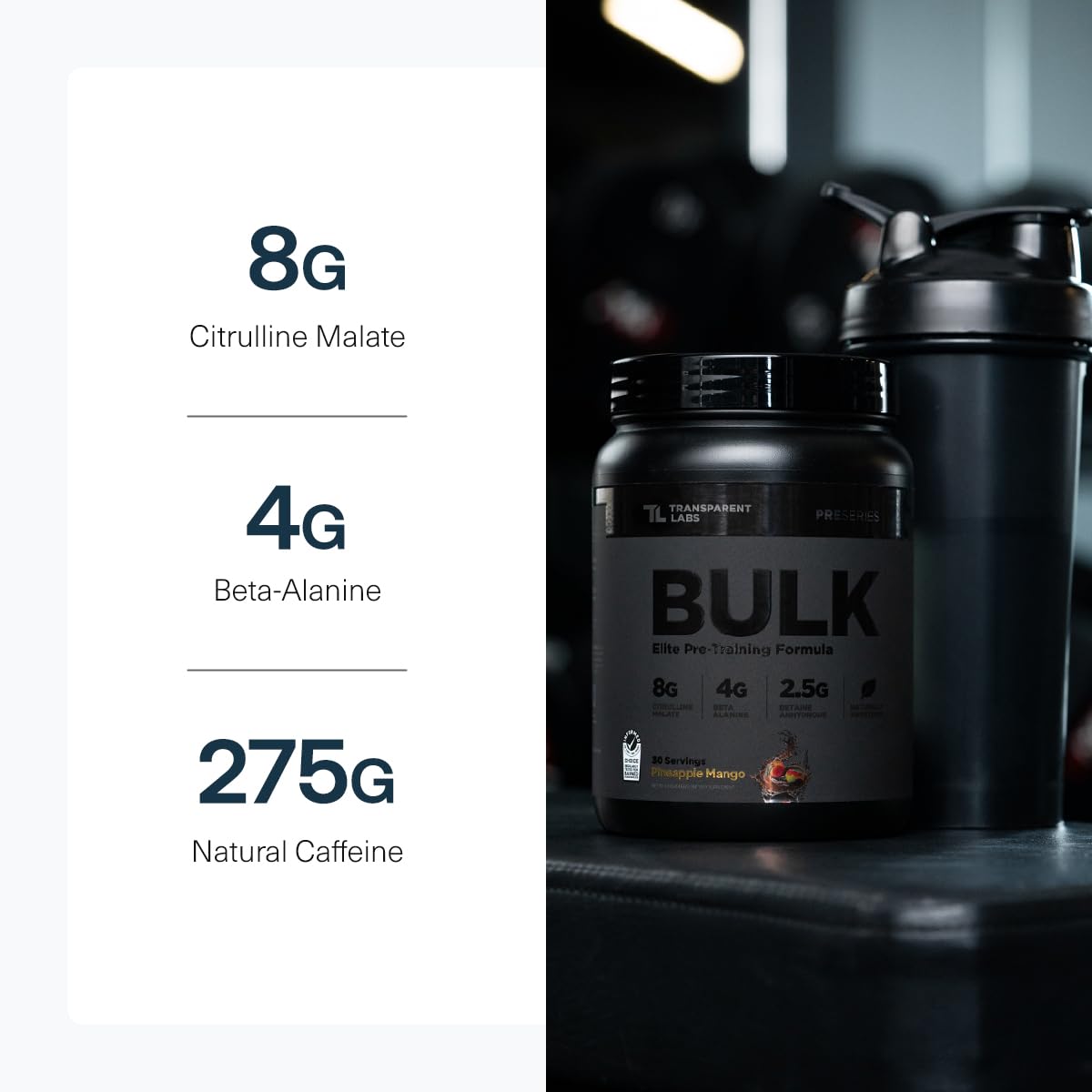 Transparent Labs Bulk Black canister on gym shelf with shaker suggesting quick energy.