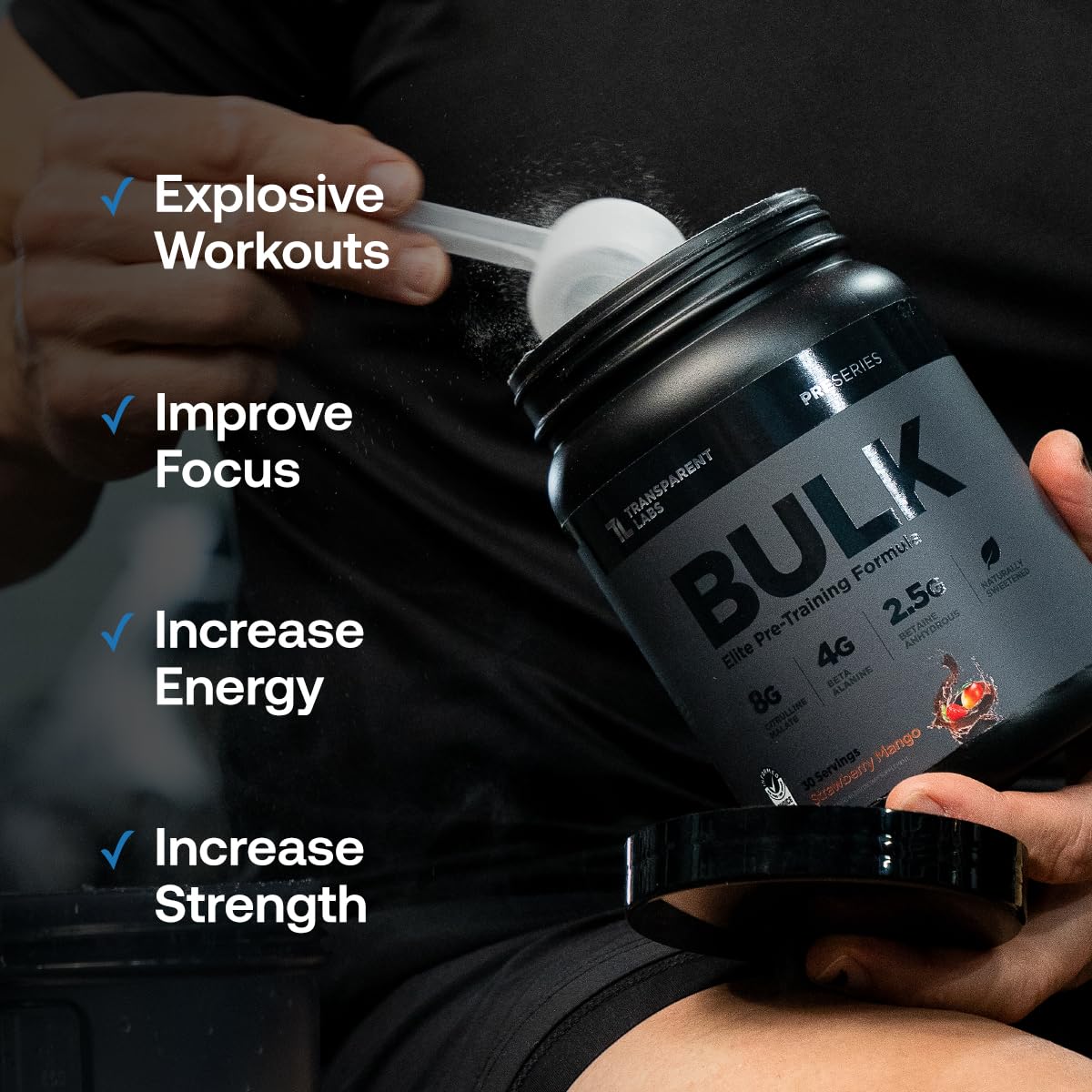 Transparent Labs Bulk Black label closeup showing caffeine content for focus.