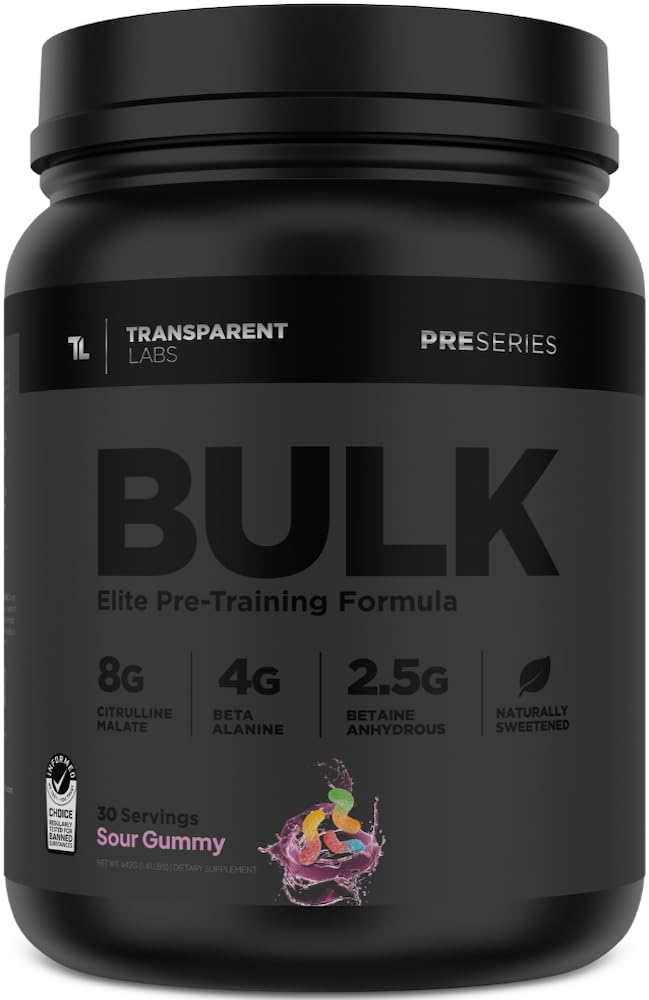 Transparent Labs Bulk Black preworkout canister on shelf showing a potent energy-boosting formula.