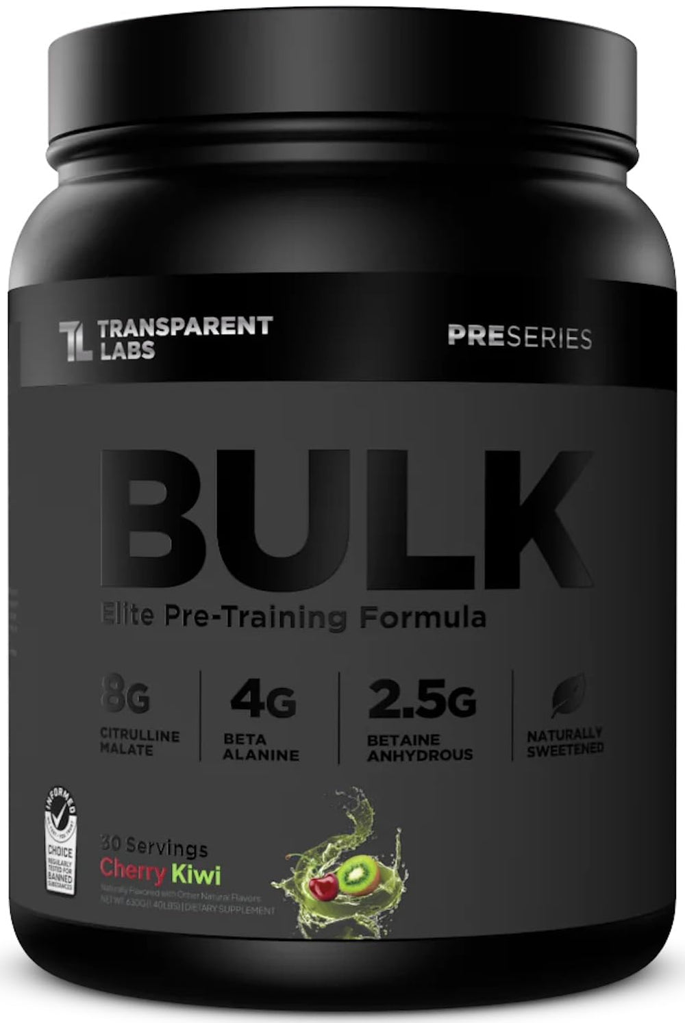 Transparent Labs Bulk Black pre-workout tub front showing Cherry Kiwi flavor for energized workouts