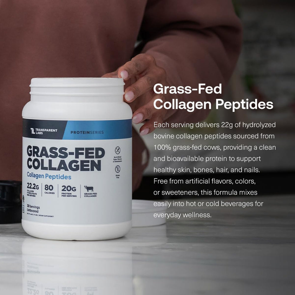 Transparent Labs collagen peptides scoop demonstrates convenient daily dosage for skin and joints.