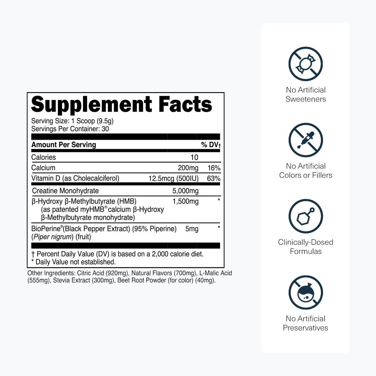 Transparent Labs Creatine HMB label closeup highlighting clean, transparent ingredients.