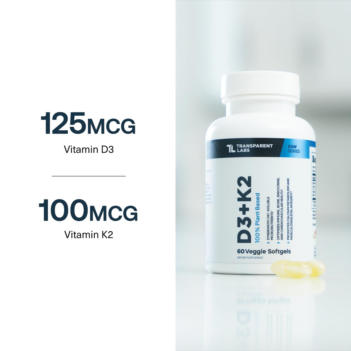 Transparent Labs D3K2 capsules on breakfast table for daily calcium support.