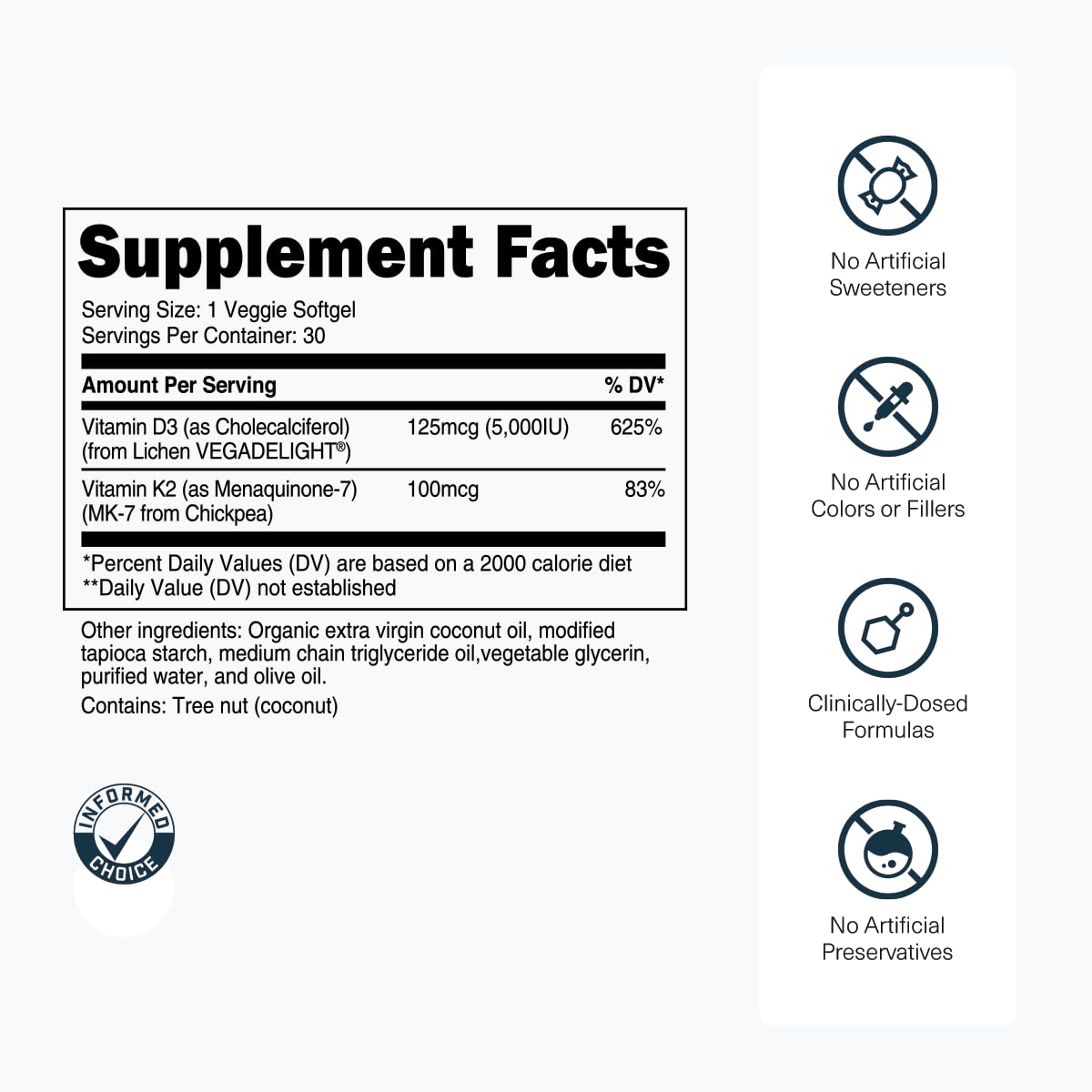 Transparent Labs D3K2 label closeup showing MK-7 from chickpeas.