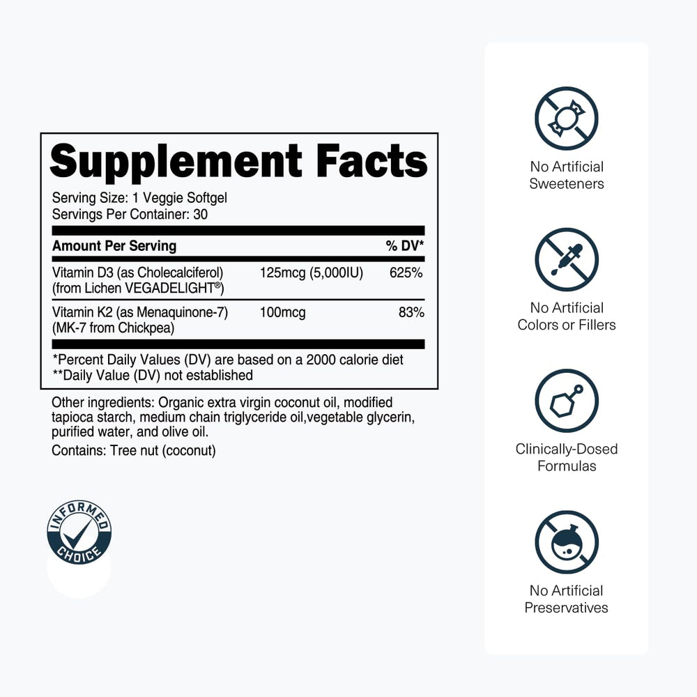 Transparent Labs D3K2 label closeup showing MK-7 from chickpeas.