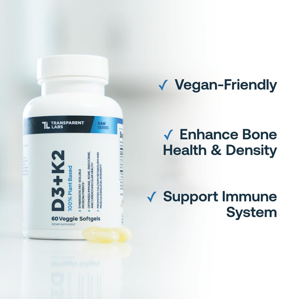 Transparent Labs D3K2 label details show vitamin D3 and K2 benefits.