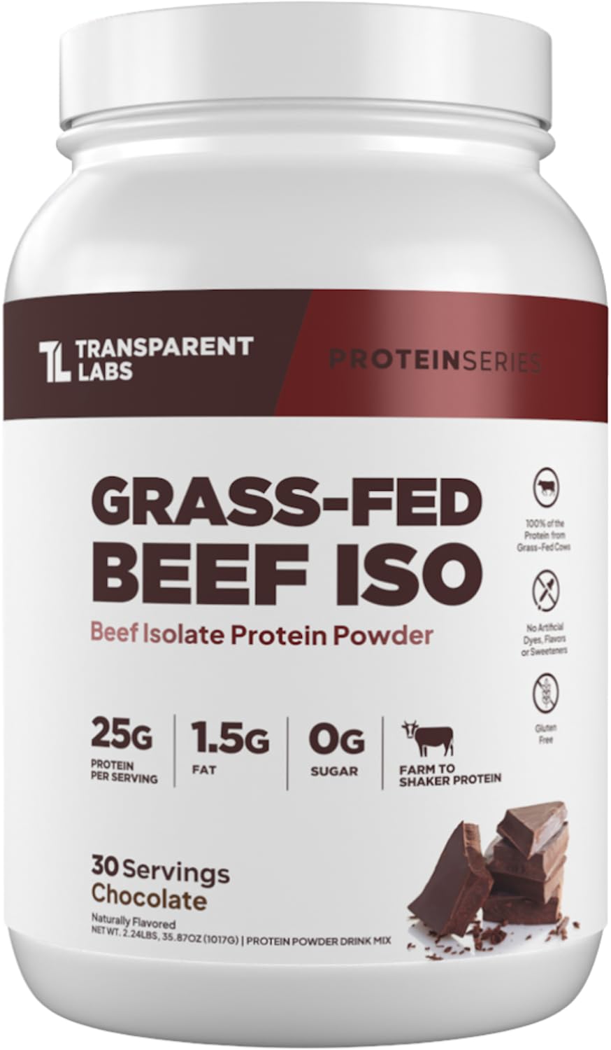 Transparent Labs grass-fed beef isolate powder chocolate 30 servings supports post-workout recovery with 25 g protein.
