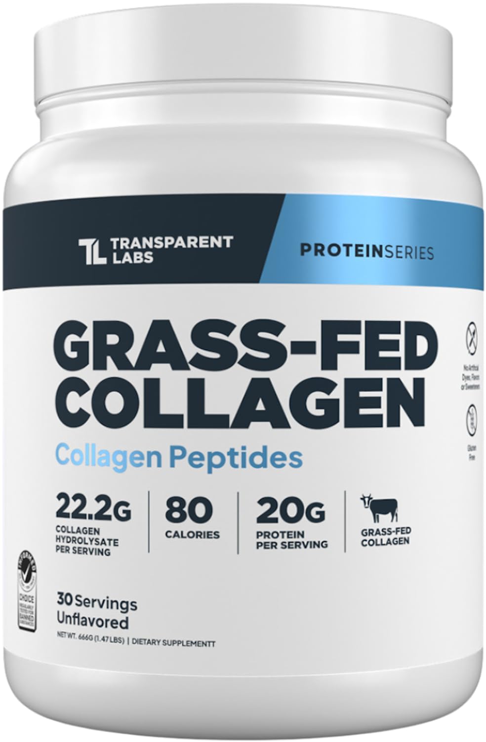 Transparent Labs grass-fed collagen powder in a jar for clean sourcing and daily beauty support.