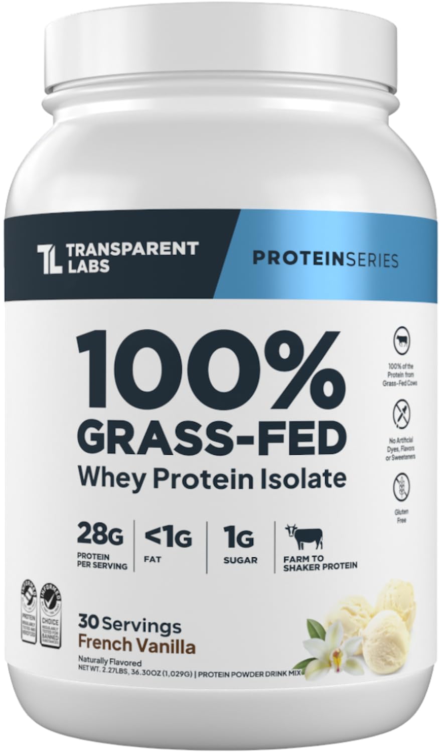 Transparent Labs grass-fed whey isolate bottle for clean daily protein fueling.