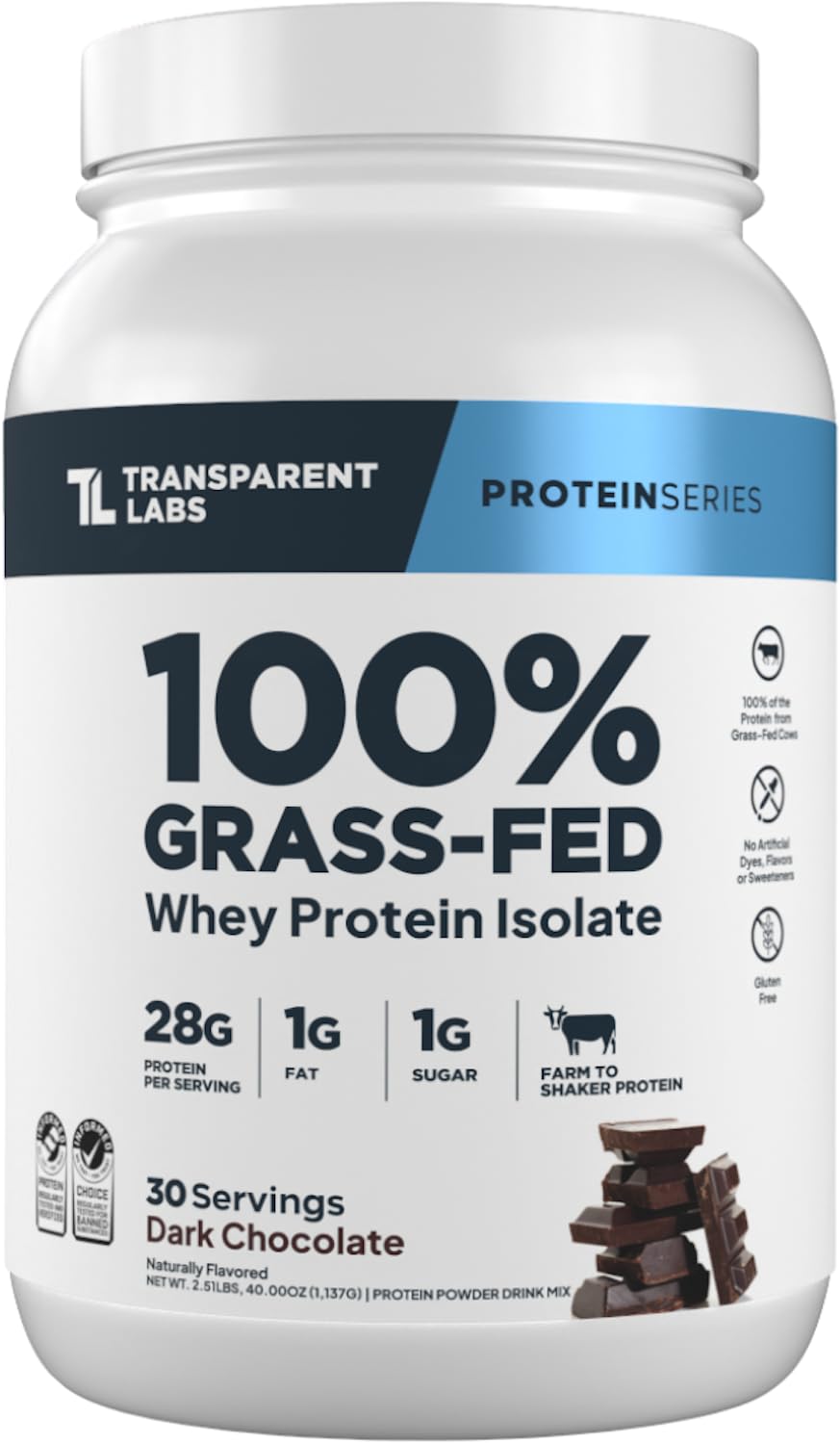 Transparent Labs grass-fed whey isolate dark chocolate powder in a jar for high-protein fueling.