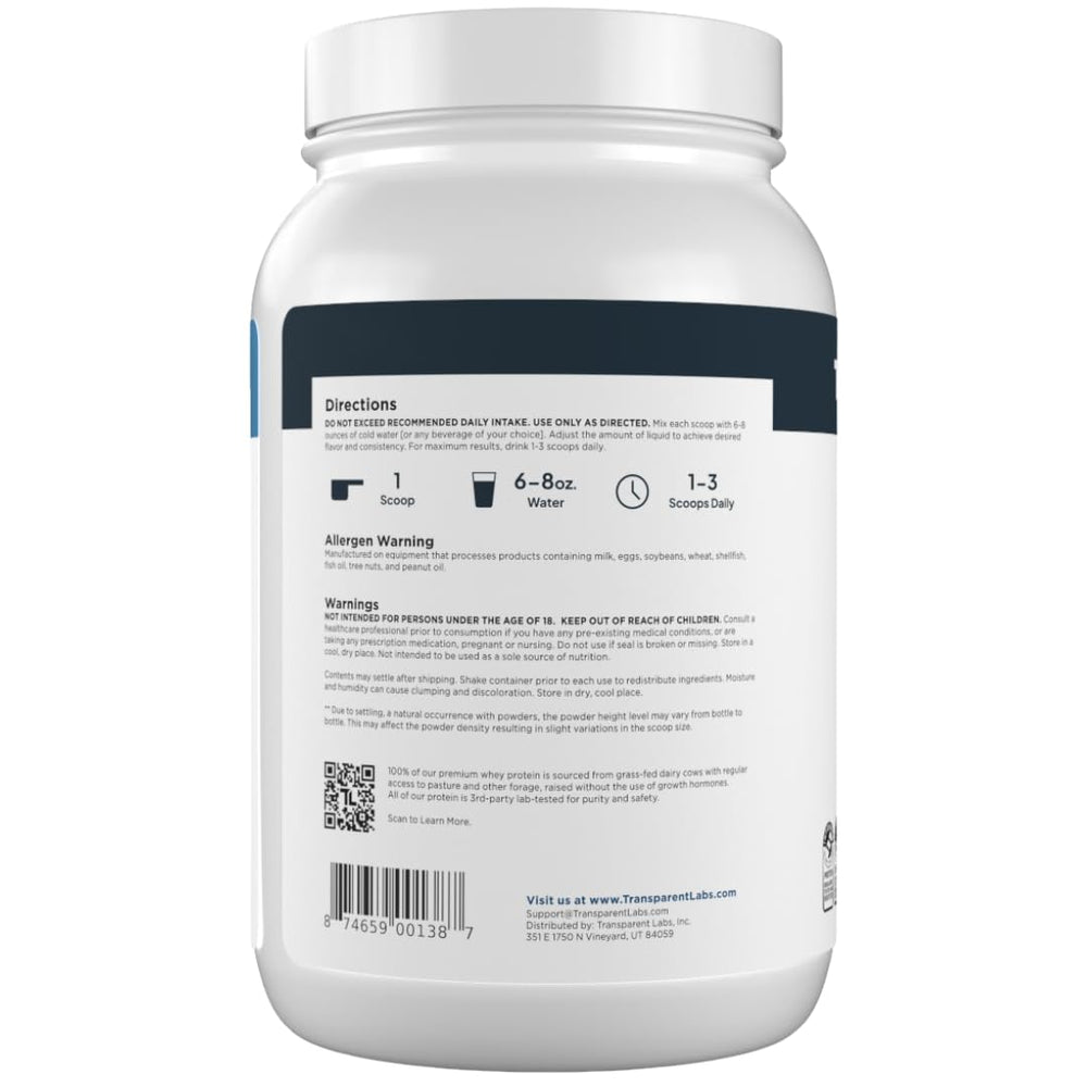 Transparent Labs grass-fed whey protein isolate milk chocolate label communicates clean protein