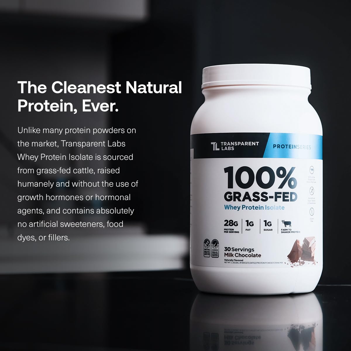 Transparent Labs whey protein isolate scoop measuring 28g of protein per serving