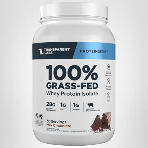 Transparent Labs grass-fed whey protein isolate serving scoop beside a prepared shake