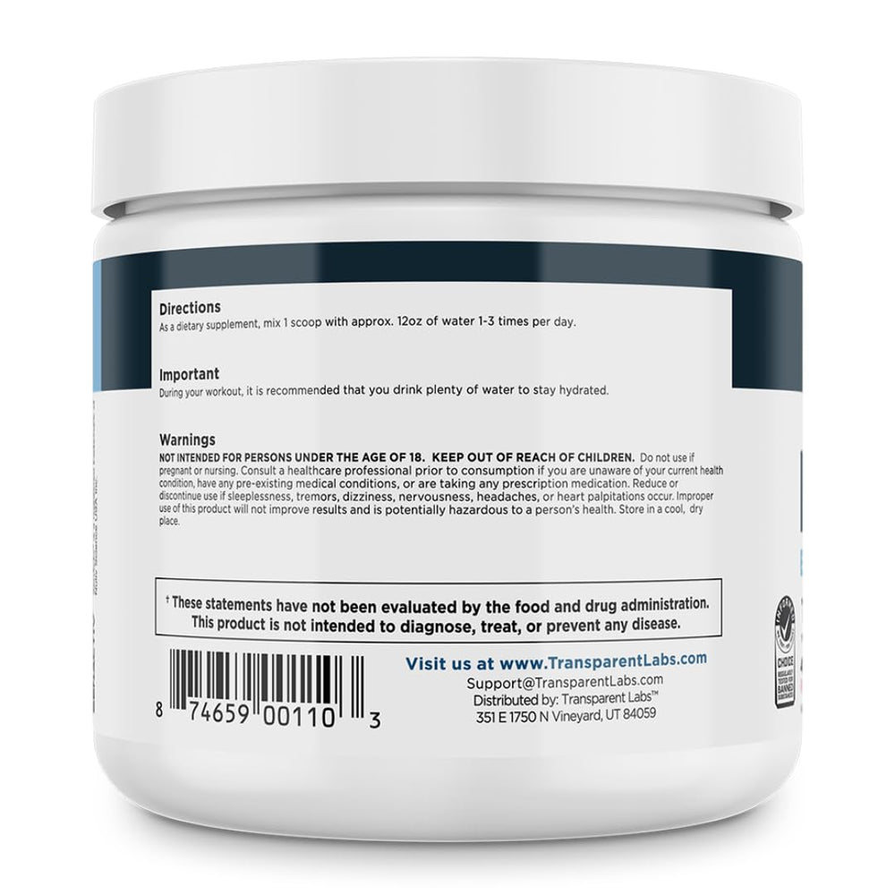 Transparent Labs Hydrate tub with 40 servings for ongoing hydration.