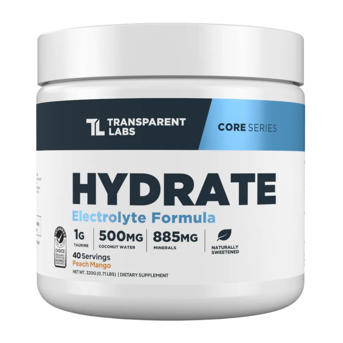 Transparent Labs Hydrate peach mango tub front for refreshing workouts