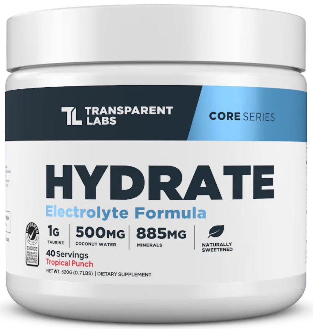 Transparent Labs Hydrate Tropical Punch powder tub front for clean hydration.