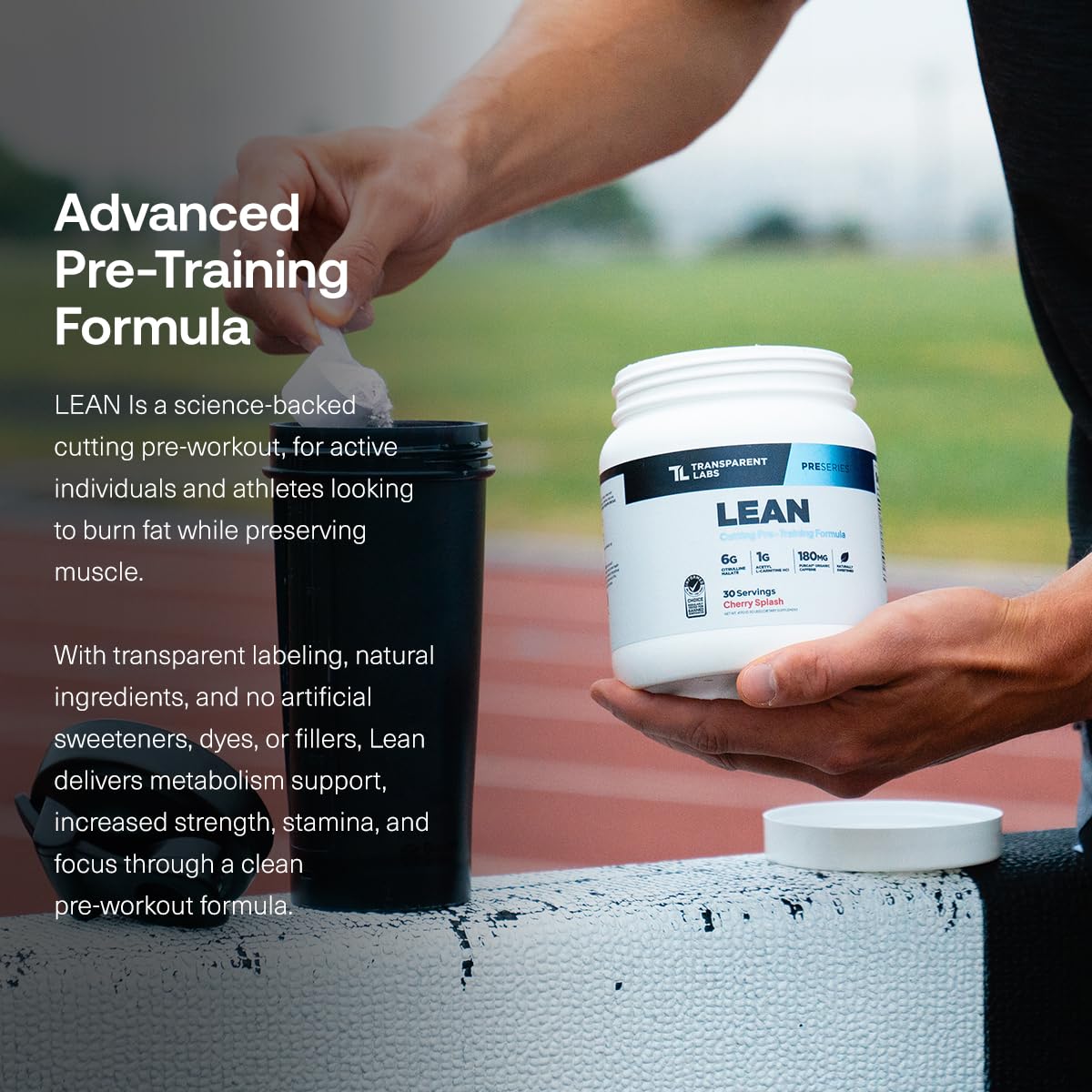 Transparent Labs Lean Pre-Workout blue raspberry label close-up for transparency.
