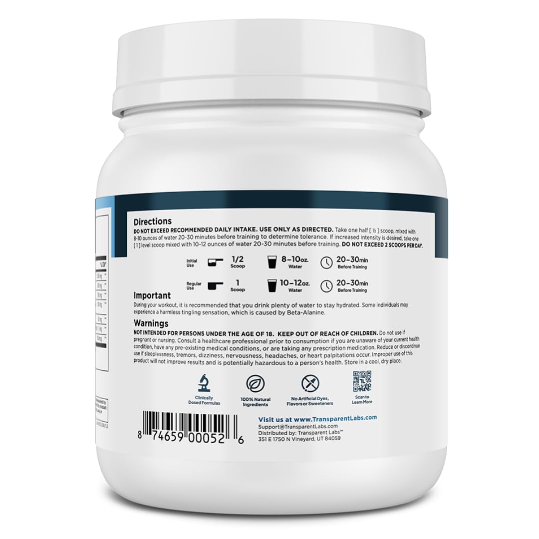 Transparent Labs Lean Pre-Workout bottle with blue raspberry flavor for sustained focus.
