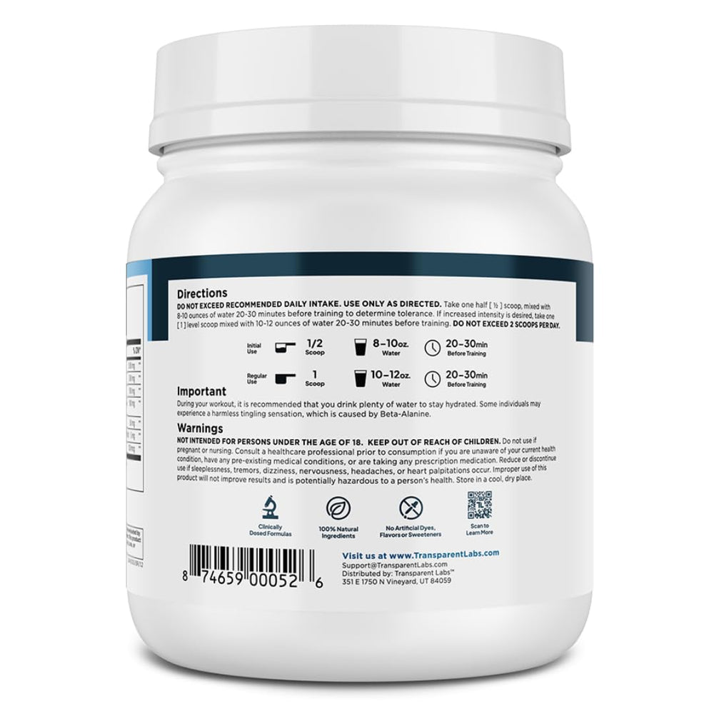 Transparent Labs Lean Pre-Workout bottle with blue raspberry flavor for sustained focus.