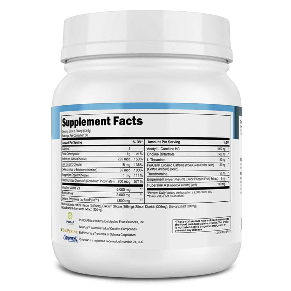 Transparent Labs Lean Pre-Workout label design closeup emphasizing clean ingredients.