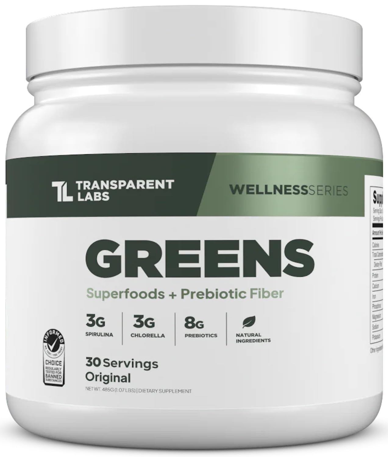 Transparent Labs Prebiotic Greens bottle front view, convenient daily greens boost.