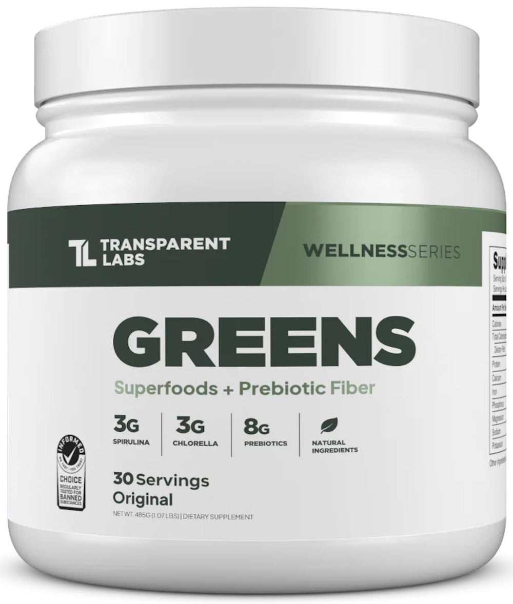 Transparent Labs Prebiotic Greens bottle front view, convenient daily greens boost.
