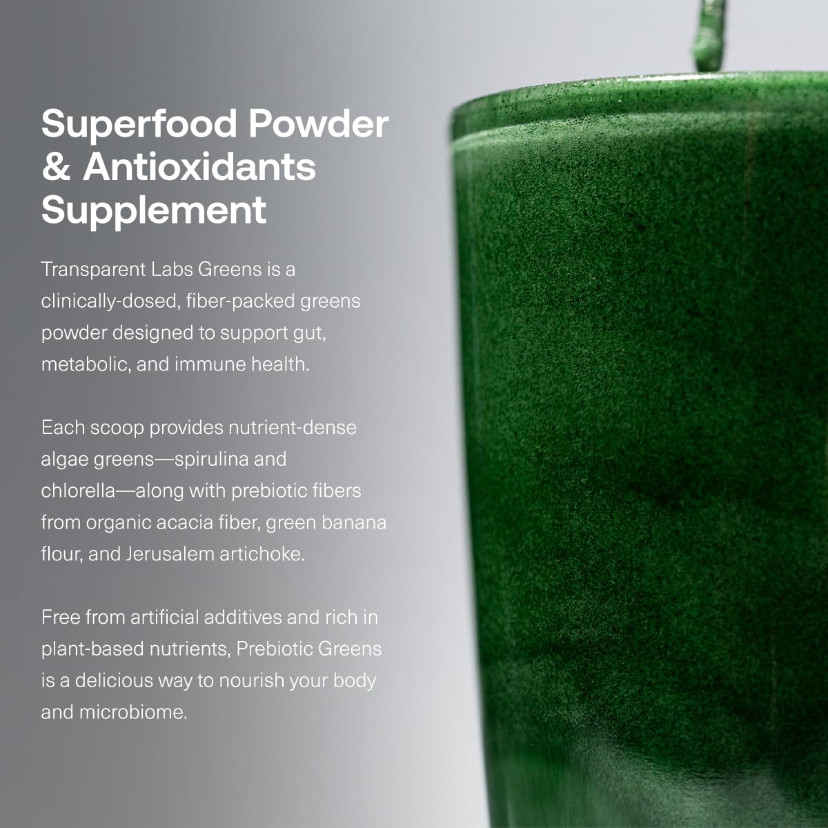 Transparent Labs Prebiotic Greens powder dispersing in water, smooth texture.