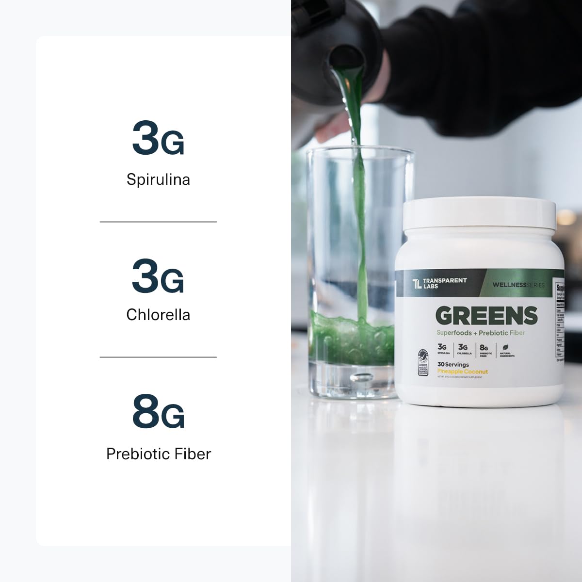 Transparent Labs spirulina and chlorella-rich blend shown in packaging imagery.