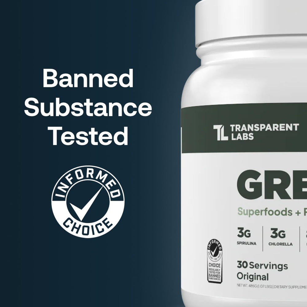 Transparent Labs Prebiotic Greens tub label closeup, highlights spirulina and chlorella nutrients.