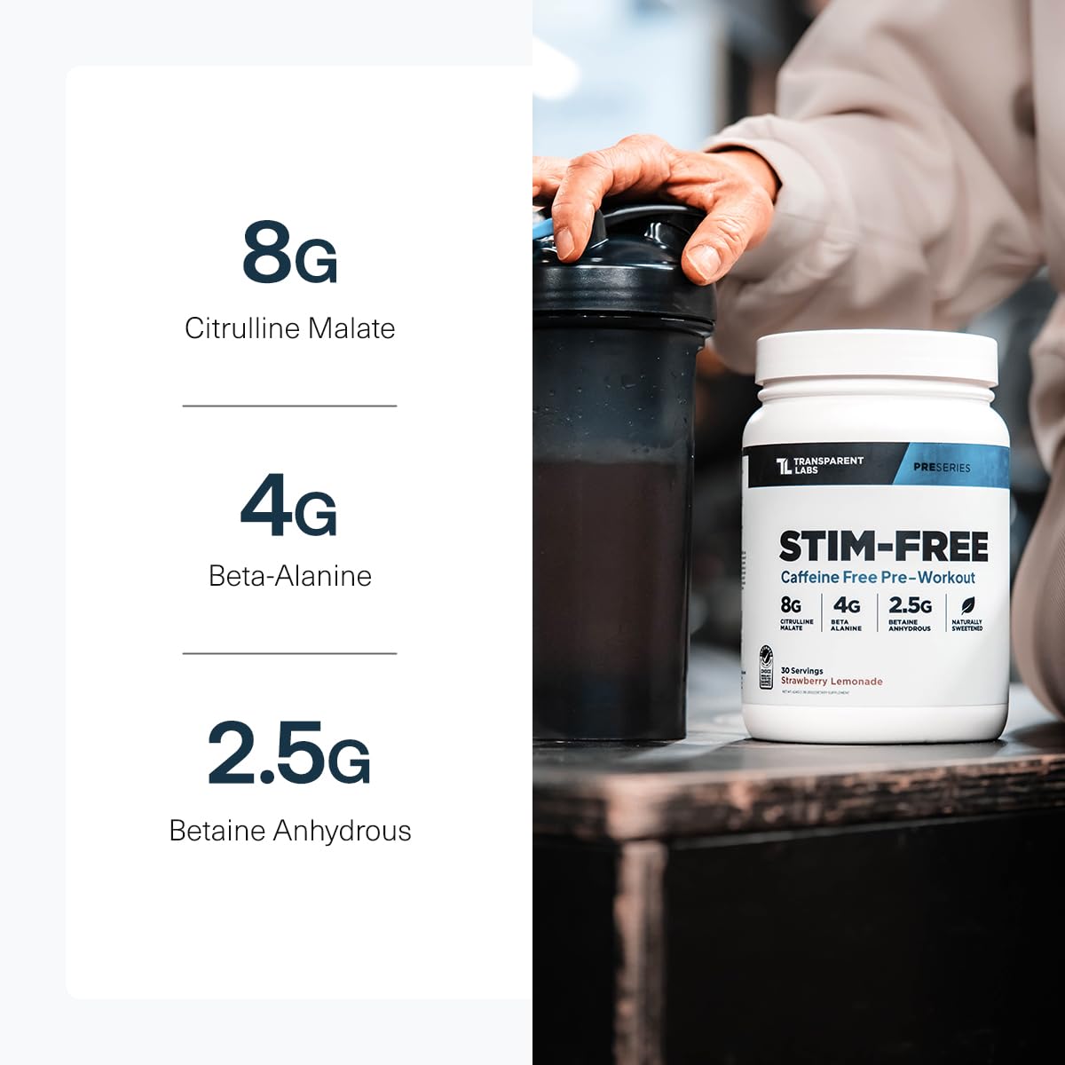 Transparent Labs Stim-Free Pre-Workout Tropical Punch label close-up with nutrition facts.